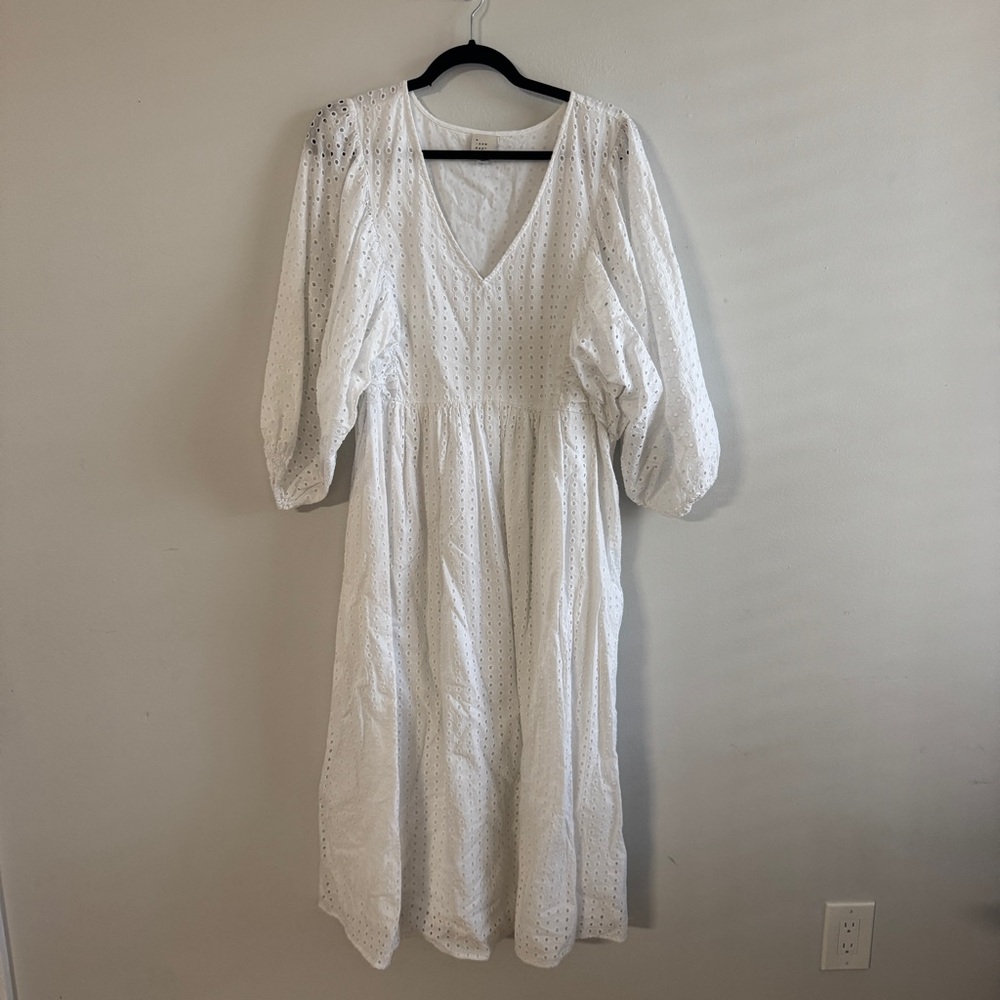 a new day White Eyelet V-Neck Puff Sleeve Midi Dress
